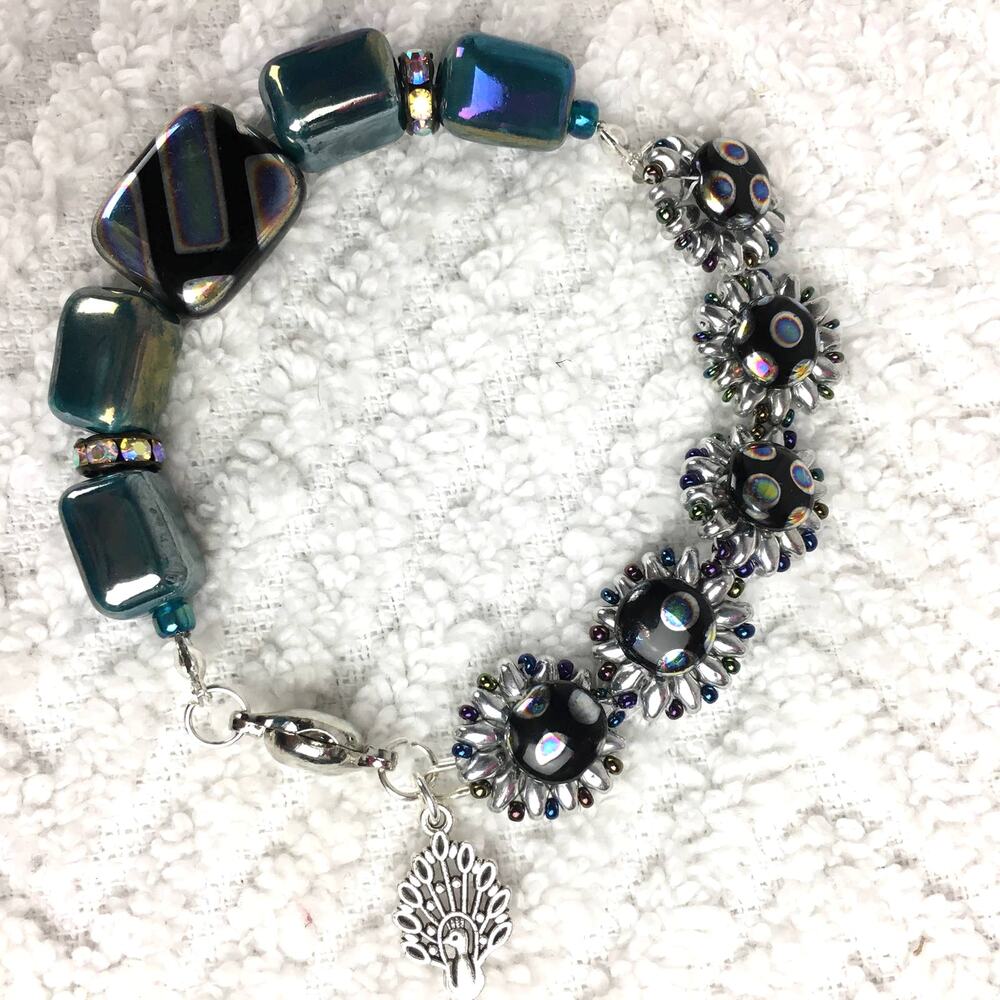 HANDMADE ~  Sunflowers & Peacock Specialty Beads Bracelet  9''